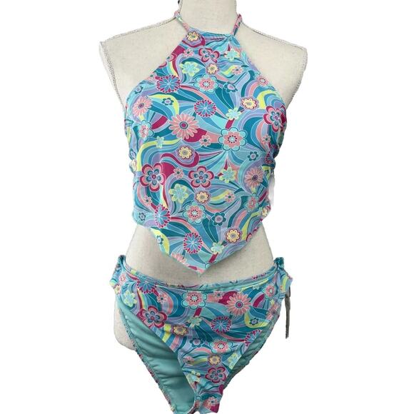 NWT Wallflower Blue Lizzie Pastel Multicolor Floral Bikini Set Swimsuit UPF Lg - Picture 1 of 12